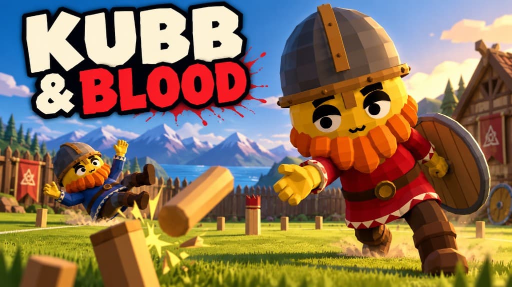 Kubb & Blood, two Vikings and flying blocks on a grass field